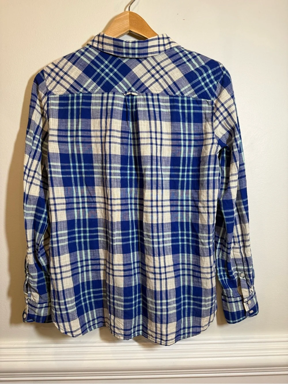 Blue Cream Plaid Cotton Popover Shirt Partial Button Placket Preppy Coastal Sz S